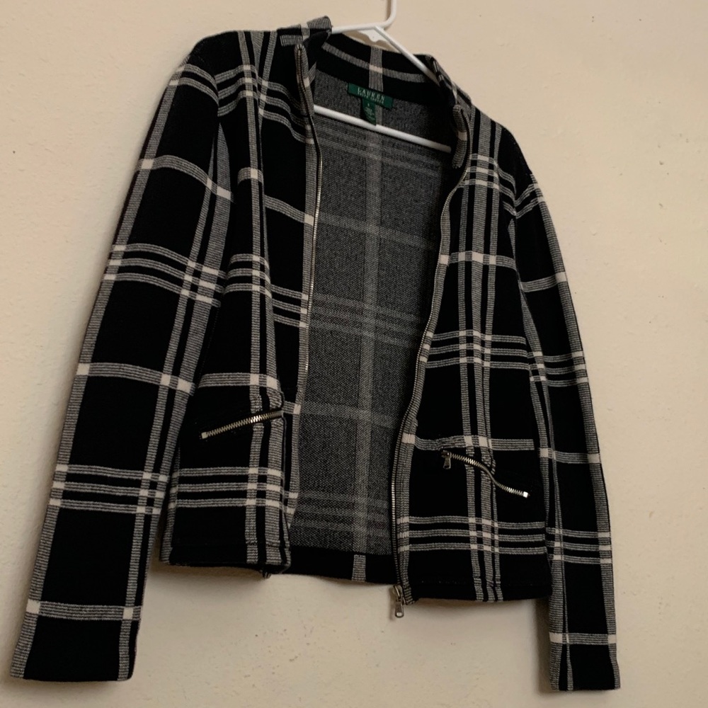 LRL Ralph Lauren Black Plaid Blazer Zip Jacket